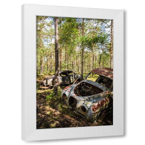 Sweden-Smaland-Ryd-Kyrko Mosse Car Cemetery-former junkyard now pubic park-junked cars White Modern Wood Framed Art Print by Bibikow, Walter