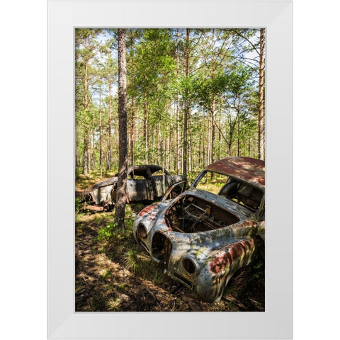 Sweden-Smaland-Ryd-Kyrko Mosse Car Cemetery-former junkyard now pubic park-junked cars White Modern Wood Framed Art Print by Bibikow, Walter