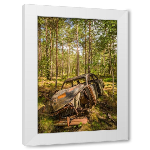 Sweden-Smaland-Ryd-Kyrko Mosse Car Cemetery-former junkyard now pubic park-junked cars White Modern Wood Framed Art Print by Bibikow, Walter