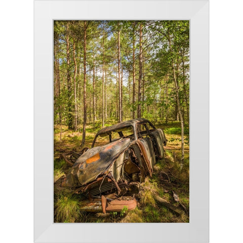 Sweden-Smaland-Ryd-Kyrko Mosse Car Cemetery-former junkyard now pubic park-junked cars White Modern Wood Framed Art Print by Bibikow, Walter