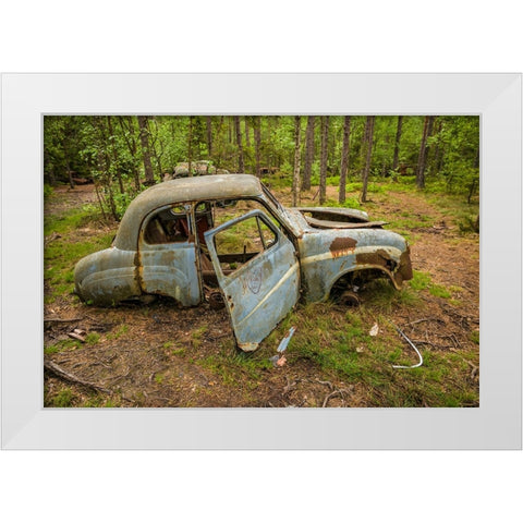 Sweden-Smaland-Ryd-Kyrko Mosse Car Cemetery-former junkyard now pubic park-junked cars White Modern Wood Framed Art Print by Bibikow, Walter