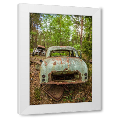 Sweden-Smaland-Ryd-Kyrko Mosse Car Cemetery-former junkyard now pubic park-junked cars White Modern Wood Framed Art Print by Bibikow, Walter