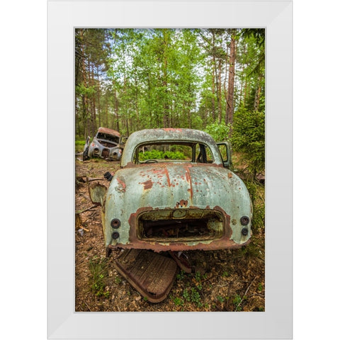 Sweden-Smaland-Ryd-Kyrko Mosse Car Cemetery-former junkyard now pubic park-junked cars White Modern Wood Framed Art Print by Bibikow, Walter