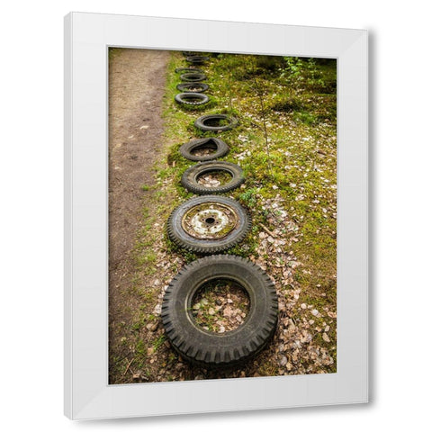 Sweden-Smaland-Ryd-Kyrko Mosse Car Cemetery-former junkyard now pubic park-old tires White Modern Wood Framed Art Print by Bibikow, Walter