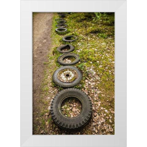 Sweden-Smaland-Ryd-Kyrko Mosse Car Cemetery-former junkyard now pubic park-old tires White Modern Wood Framed Art Print by Bibikow, Walter