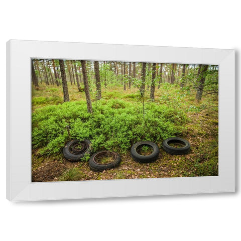 Sweden-Smaland-Ryd-Kyrko Mosse Car Cemetery-former junkyard now pubic park-old tires White Modern Wood Framed Art Print by Bibikow, Walter