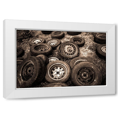 Sweden-Smaland-Ryd-Kyrko Mosse Car Cemetery-former junkyard now pubic park-old tires White Modern Wood Framed Art Print by Bibikow, Walter