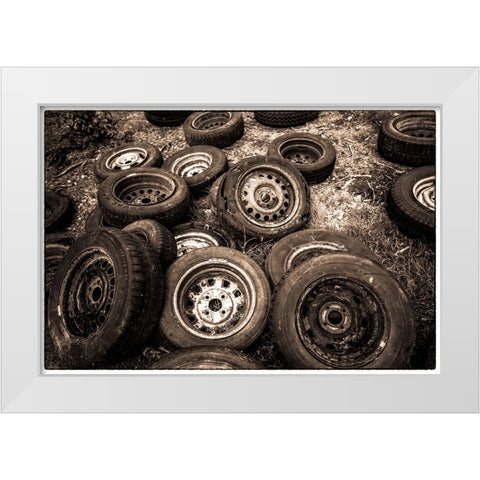 Sweden-Smaland-Ryd-Kyrko Mosse Car Cemetery-former junkyard now pubic park-old tires White Modern Wood Framed Art Print by Bibikow, Walter