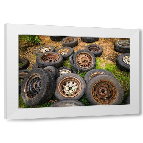 Sweden-Smaland-Ryd-Kyrko Mosse Car Cemetery-former junkyard now pubic park-old tires White Modern Wood Framed Art Print by Bibikow, Walter