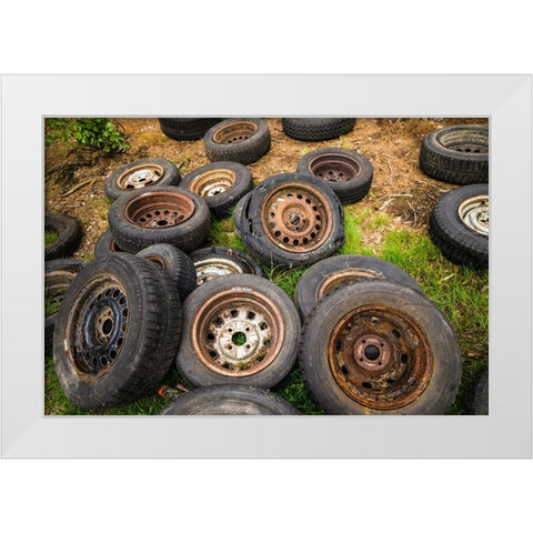 Sweden-Smaland-Ryd-Kyrko Mosse Car Cemetery-former junkyard now pubic park-old tires White Modern Wood Framed Art Print by Bibikow, Walter
