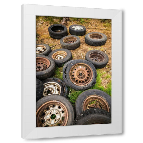 Sweden-Smaland-Ryd-Kyrko Mosse Car Cemetery-former junkyard now pubic park-old tires White Modern Wood Framed Art Print by Bibikow, Walter
