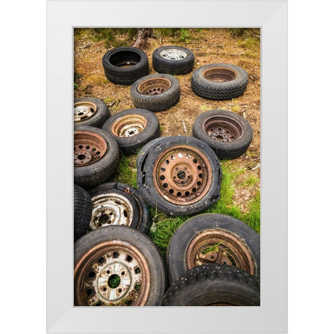 Sweden-Smaland-Ryd-Kyrko Mosse Car Cemetery-former junkyard now pubic park-old tires White Modern Wood Framed Art Print by Bibikow, Walter