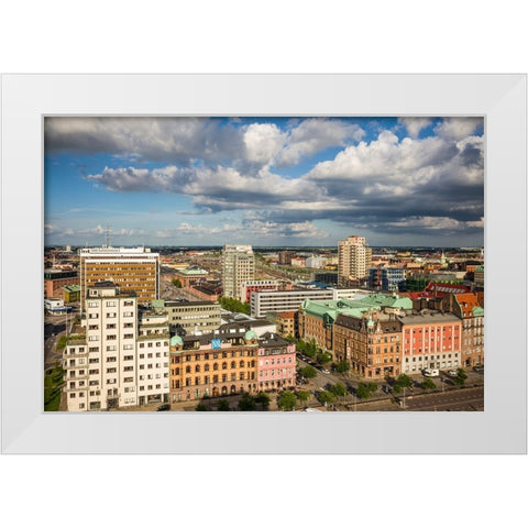 Sweden-Scania-Malmo-Inre Hamnen inner harbor-elevated skyline view White Modern Wood Framed Art Print by Bibikow, Walter