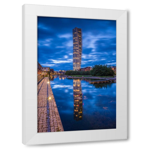 Sweden-Scania-Malmo-Turning Torso building-designed by architect Santiago Calatrava-2005-dusk White Modern Wood Framed Art Print by Bibikow, Walter