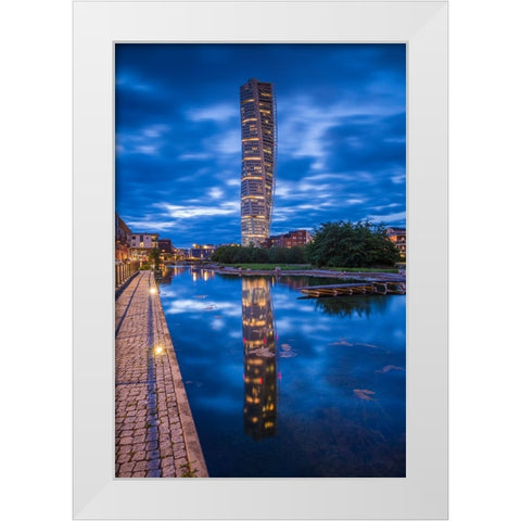 Sweden-Scania-Malmo-Turning Torso building-designed by architect Santiago Calatrava-2005-dusk White Modern Wood Framed Art Print by Bibikow, Walter