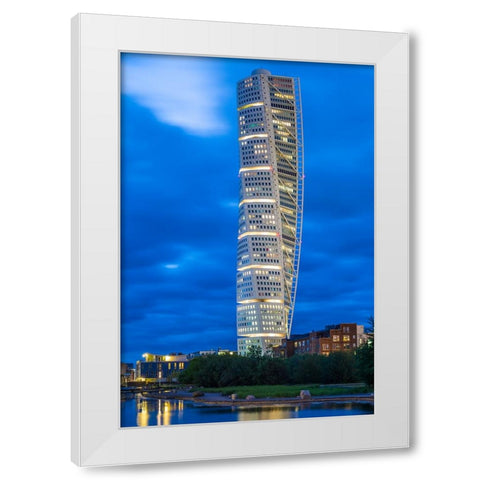 Sweden-Scania-Malmo-Turning Torso building-designed by architect Santiago Calatrava-2005-dusk White Modern Wood Framed Art Print by Bibikow, Walter