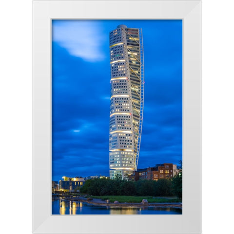 Sweden-Scania-Malmo-Turning Torso building-designed by architect Santiago Calatrava-2005-dusk White Modern Wood Framed Art Print by Bibikow, Walter