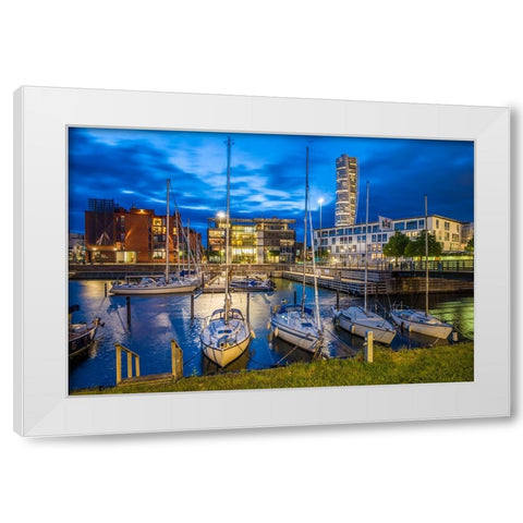 Sweden-Scania-Malmo-Turning Torso building-designed by architect Santiago Calatrava-2005 with Vastr White Modern Wood Framed Art Print by Bibikow, Walter