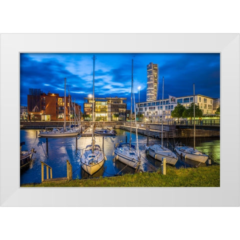 Sweden-Scania-Malmo-Turning Torso building-designed by architect Santiago Calatrava-2005 with Vastr White Modern Wood Framed Art Print by Bibikow, Walter