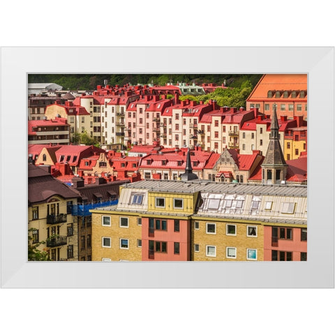 Sweden-Vastragotland and Bohuslan-Gothenburg-high angle city view from the Skansparken-morning White Modern Wood Framed Art Print by Bibikow, Walter