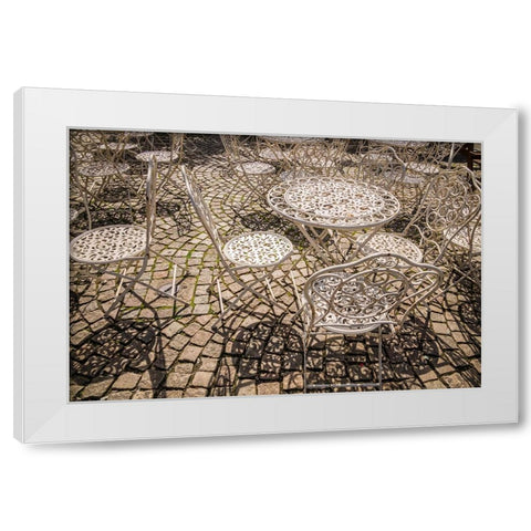 Sweden-Vastragotland and Bohuslan-Gothenburg-outdoor table and chairs White Modern Wood Framed Art Print by Bibikow, Walter