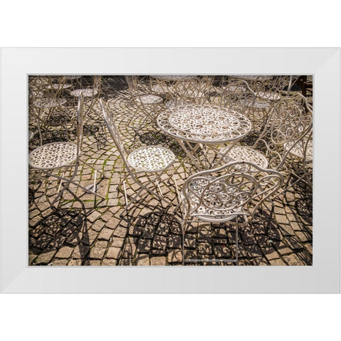 Sweden-Vastragotland and Bohuslan-Gothenburg-outdoor table and chairs White Modern Wood Framed Art Print by Bibikow, Walter