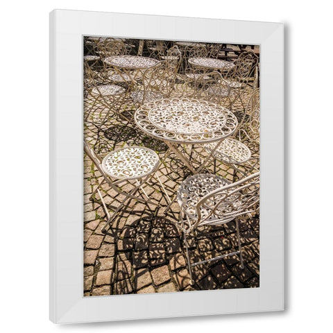 Sweden-Vastragotland and Bohuslan-Gothenburg-outdoor table and chairs White Modern Wood Framed Art Print by Bibikow, Walter