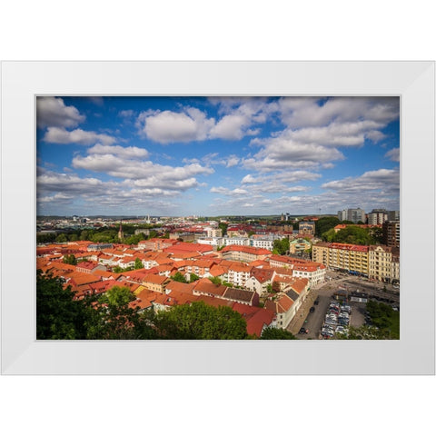 Sweden-Vastragotland and Bohuslan-Gothenburg-high angle city view from the Skansparken-late afterno White Modern Wood Framed Art Print by Bibikow, Walter