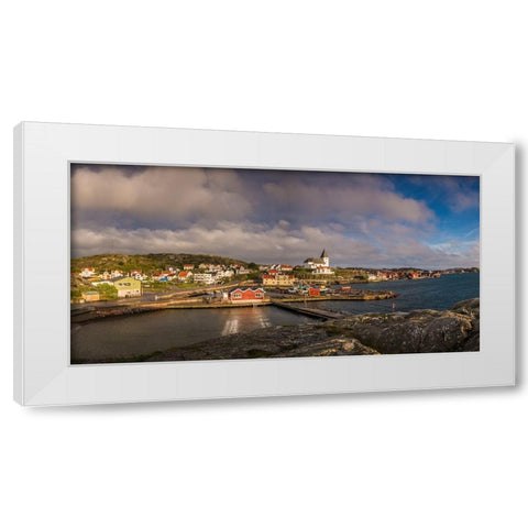 Sweden-Bohuslan-Tjorn Island-Skarhamn-town skyline with Skarhamn church-sunset White Modern Wood Framed Art Print by Bibikow, Walter