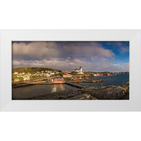 Sweden-Bohuslan-Tjorn Island-Skarhamn-town skyline with Skarhamn church-sunset White Modern Wood Framed Art Print by Bibikow, Walter