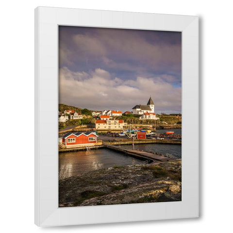 Sweden-Bohuslan-Tjorn Island-Skarhamn-town skyline with Skarhamn church-sunset White Modern Wood Framed Art Print by Bibikow, Walter