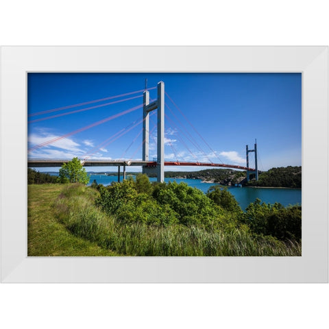 Sweden-Bohuslan-Tjorn Island-Stenungsund-Tjornbron bridge-links the mainland to Tjorn Island White Modern Wood Framed Art Print by Bibikow, Walter