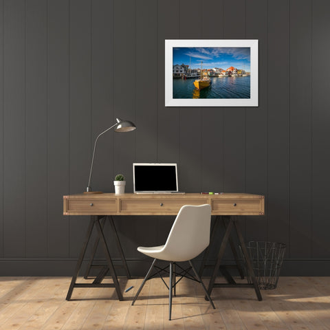 Sweden-Bohuslan-Smogen-Smogenbryggan-fishing boat White Modern Wood Framed Art Print by Bibikow, Walter