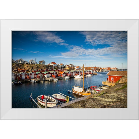 Sweden-Bohuslan-Smogen-Smogenbryggan-antique boat houses and fishing shacks White Modern Wood Framed Art Print by Bibikow, Walter