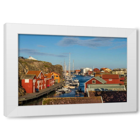 Sweden-Bohuslan-Smogen-Smogenbryggan-antique boat houses and fishing shacks White Modern Wood Framed Art Print by Bibikow, Walter