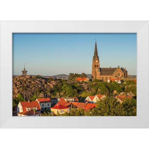 Sweden-Bohuslan-Lysekil-high angle view of the Lysekil church-sunset White Modern Wood Framed Art Print by Bibikow, Walter