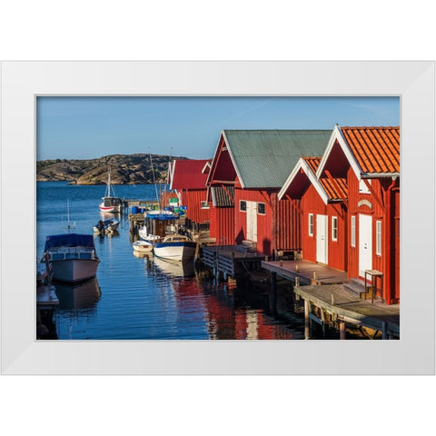 Sweden-Bohuslan-Kungshamn-red fishing shacks in the Fisketangen-old fishermans neighborhood White Modern Wood Framed Art Print by Bibikow, Walter