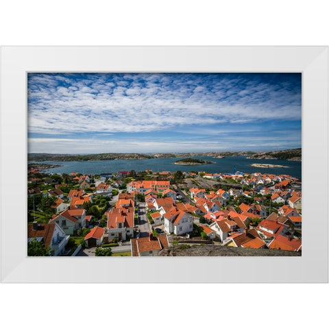 Sweden-Bohuslan-Fjallbacka-elevated town view from the Vetteberget cliff White Modern Wood Framed Art Print by Bibikow, Walter