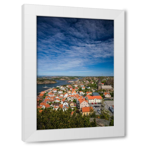 Sweden-Bohuslan-Fjallbacka-elevated town view from the Vetteberget cliff White Modern Wood Framed Art Print by Bibikow, Walter