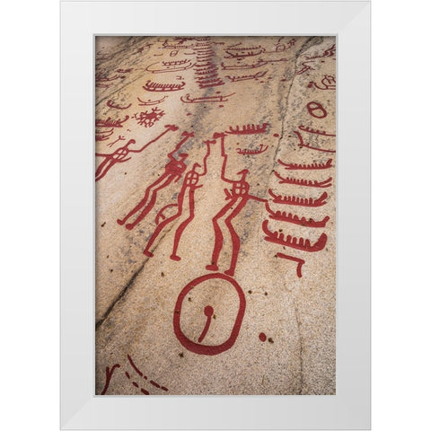 Sweden-Bohuslan-Tanumshede-Bronze Age carving detail of the Tanum area showing man with big sexual  White Modern Wood Framed Art Print by Bibikow, Walter