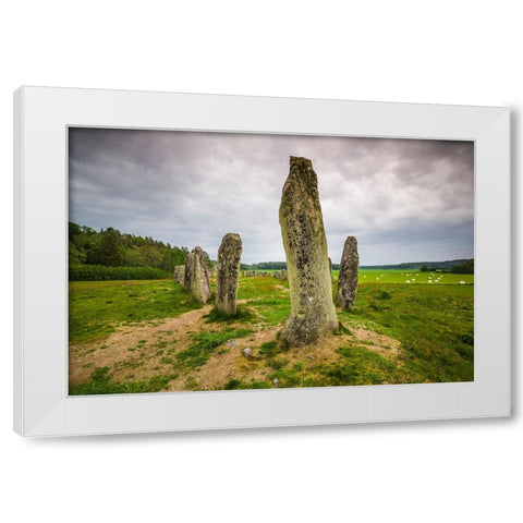 Sweden-Bohuslan-Blomsholm-Blomsholmsskeppet-stone ship circle-Iron-age burial ground-400-600 AD White Modern Wood Framed Art Print by Bibikow, Walter