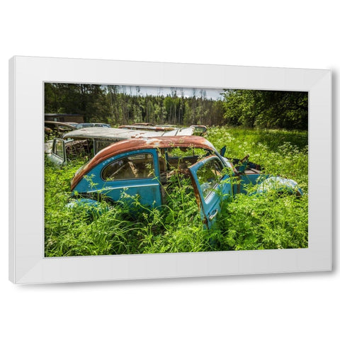 Sweden-Varmland-Bastnas-Bastnas Car Cemetery public park-antique car junkyard White Modern Wood Framed Art Print by Bibikow, Walter