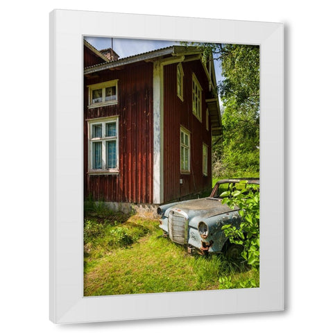 Sweden-Varmland-Bastnas-Bastnas Car Cemetery public park-antique car junkyard White Modern Wood Framed Art Print by Bibikow, Walter