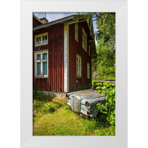 Sweden-Varmland-Bastnas-Bastnas Car Cemetery public park-antique car junkyard White Modern Wood Framed Art Print by Bibikow, Walter