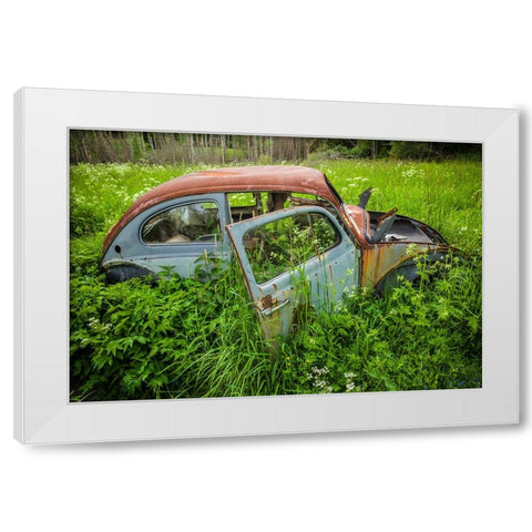Sweden-Varmland-Bastnas-Bastnas Car Cemetery public park-antique car junkyard White Modern Wood Framed Art Print by Bibikow, Walter