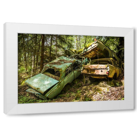 Sweden-Varmland-Bastnas-Bastnas Car Cemetery public park-antique car junkyard White Modern Wood Framed Art Print by Bibikow, Walter