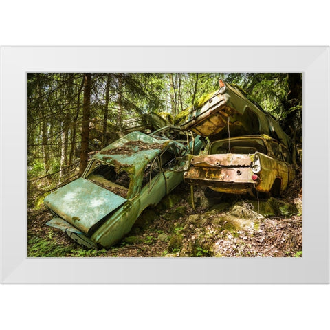Sweden-Varmland-Bastnas-Bastnas Car Cemetery public park-antique car junkyard White Modern Wood Framed Art Print by Bibikow, Walter