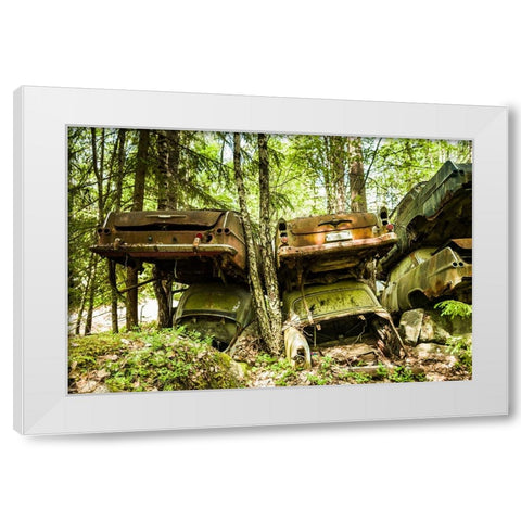 Sweden-Varmland-Bastnas-Bastnas Car Cemetery public park-antique car junkyard White Modern Wood Framed Art Print by Bibikow, Walter