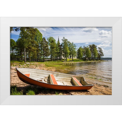 Sweden-Varmland-Vastra Fagelvik-small boat White Modern Wood Framed Art Print by Bibikow, Walter