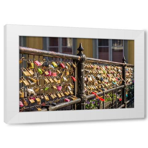 Sweden-Vastmanland-Vasteras-love locks on the Apotekarbron bridge-Old Town White Modern Wood Framed Art Print by Bibikow, Walter